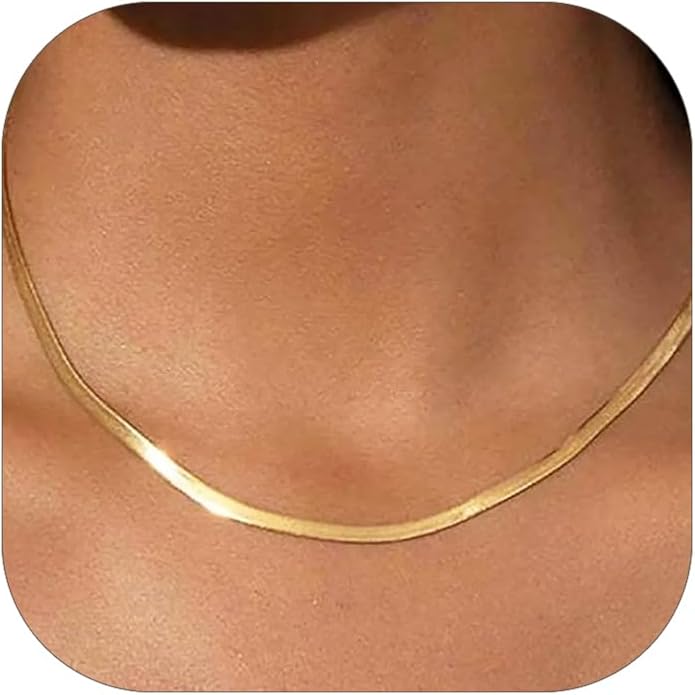 FOCALOOK 14K Gold Plated Necklaces for Women, Fashion Herringbone Choker Necklace Stainless Steel Flat Snake Chain 3/5MM(W) 12.5"/15"/18"+3.5"(L)