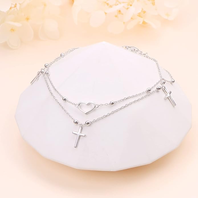 Alphm Anklet for Women S925 Sterling Silver Adjustable Foot Evil Eye Starfish Heart Bead Butterfly Celtic Knot Cross Multilayer Layered Ankle Bracelet Jewelry
