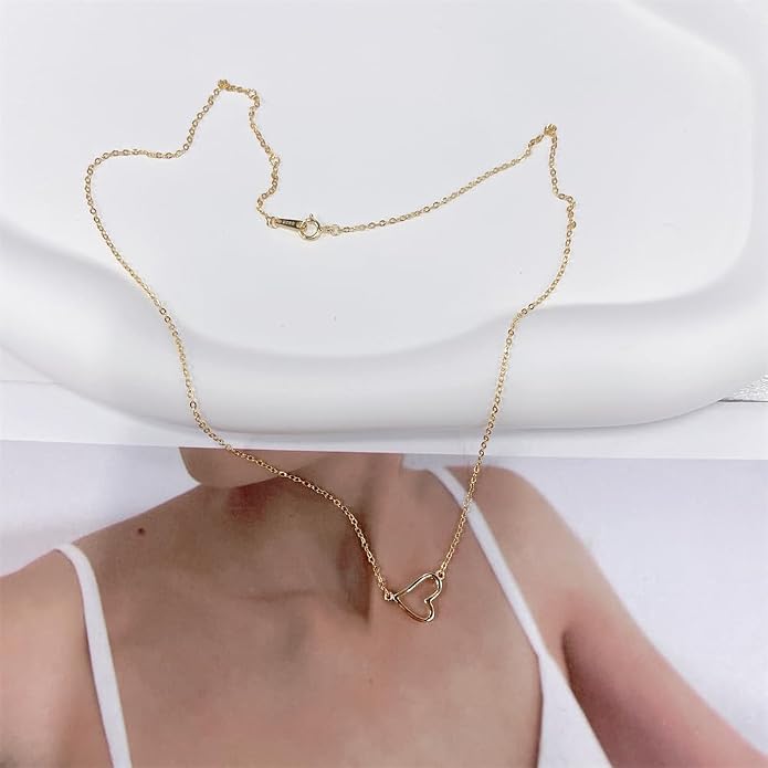 NewZenro Cute Open Heart 925 Sterling Silver Choker Necklace for Women Minimalist 14k Gold/Silver Plated Tiny Hollow Heart Love Necklaces Adjustabel Chain Fashion Jewelry Gifts 17.7"