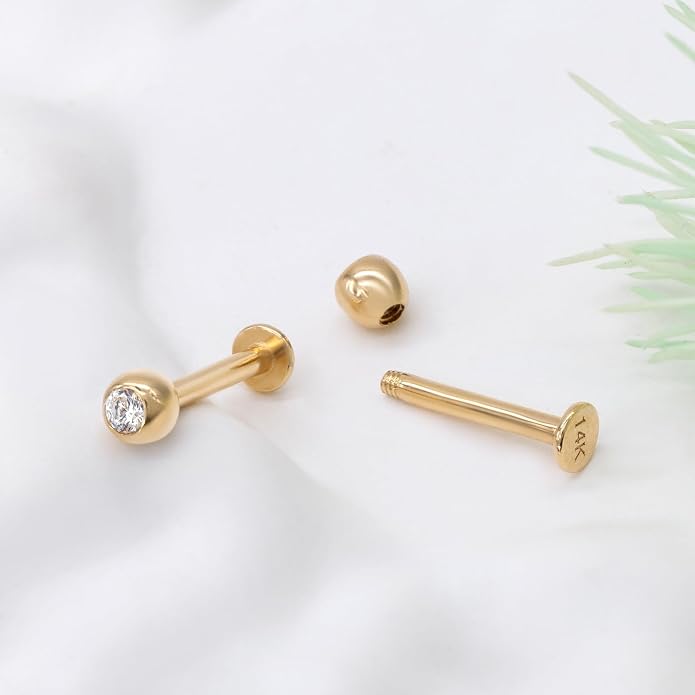 14k Yellow/White Gold Body Jewelry Earrings for Women Threaded Micro CZ Gem Top Tragus/Helix/Labret Stud 16G 6mm 8mm
