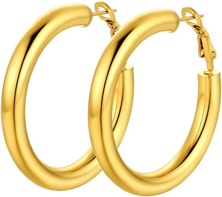 Stainless Steel Chunky Hoop Earrings For Women, Minimalist and Chic, Black/Gold Plated, Round Hoops Earrings Hypoallergenic, Size: 30mm/40mm/60mm/80mm, Come with Box