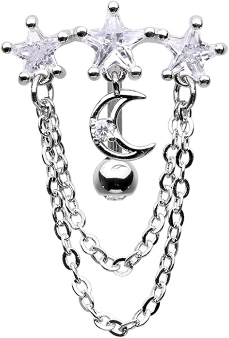 Pierced Owl - 14GA Stainless Steel CZ Crystal Dangling Chains Celestial Top Drop Reverse Belly Button Ring