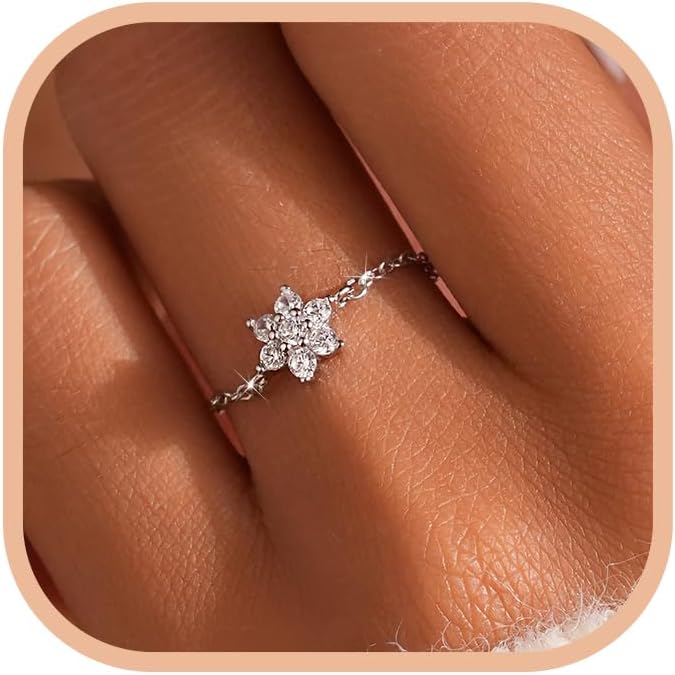 925 Sterling Silver Link Chain Fidget Rings with Dangle Bead Star for Women 14k Gold Plated Adjustable Sparkling Twist Rope Ring Stackable Line Finger Ring Jewelry Christmas Gifts for Mom