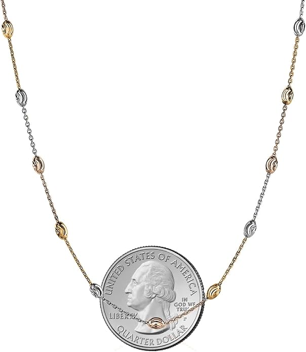 Savlano 18K Gold Plated Over 925 Sterling Silver Station Oval Moon Bead Necklace Chain For Women. Silver, Gold, Rose Gold - Made in Italy Comes With a Gift Box