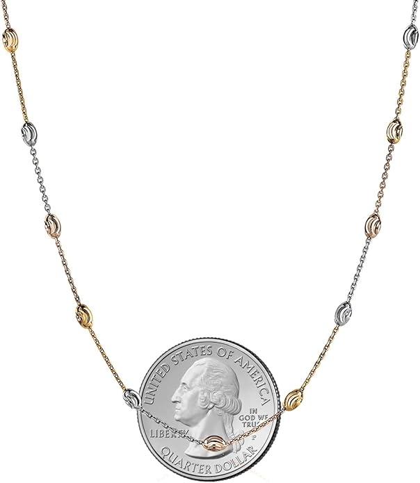 Savlano 18K Gold Plated Over 925 Sterling Silver Station Oval Moon Bead Necklace Chain For Women. Silver, Gold, Rose Gold - Made in Italy Comes With a Gift Box