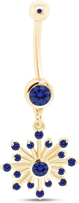 AFFY Snowflake Belly Button Ring for Women Simulated Birthstone, Round Cut Gemstone in 14K Gold Over 925 Sterling Silver, Navel Barbell Piercing Jewelry for Her
