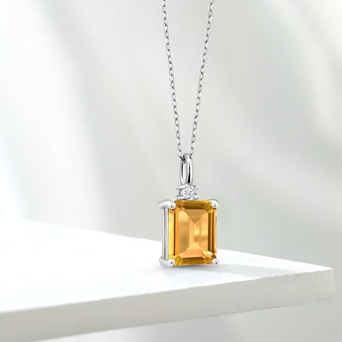 Gem Stone King 925 Sterling Silver Gemstone Birthstone Pendant Necklace for Women | Emerald Cut 10X8MM and Round 2MM | With 18 Inch Chain | Fine Jewelry for Her Mom Wife