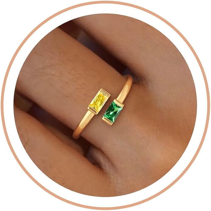 Honsny Gold Birthstone Rings for Women Non Tarnish 14K Gold Plated Adjustable Emerald Ring Cubic Zirconia Gemstone Promise Ring for Her Engagement Personalized Waterproof Jewelry Gifts for Birthday