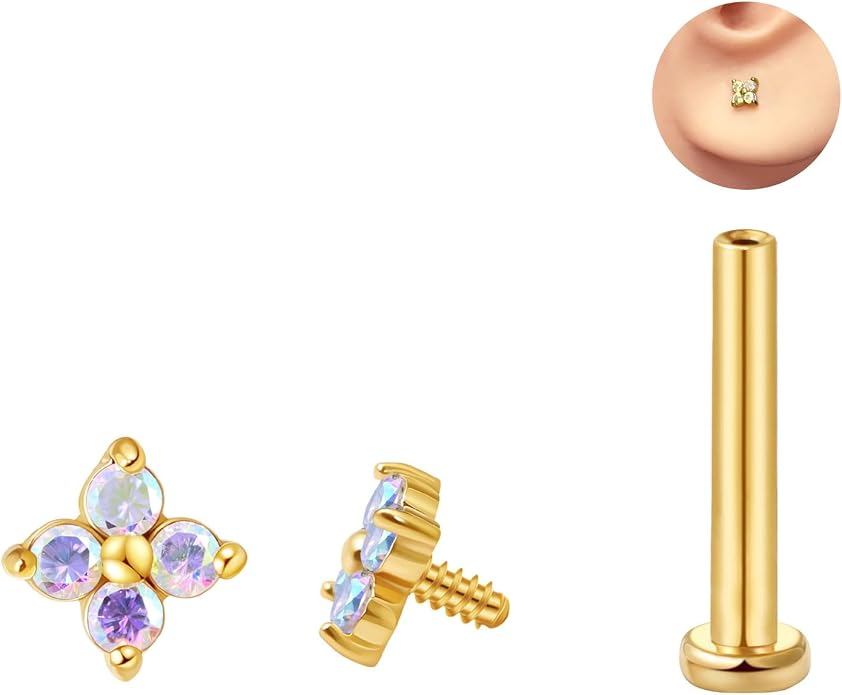 FANSING CZ Flower Internally Threaded Flat Back Earring Labret Stud for Cartilage Tragus Helix Conch