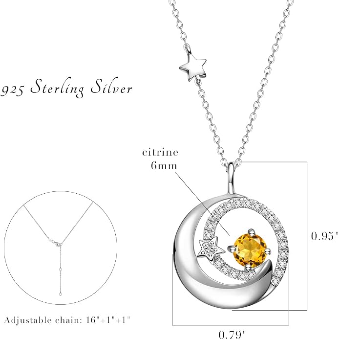 FANCIME Birthstone Necklaces 925 Sterling Silver Moon and Star Pendant Fine Jewelry Birthday Mothers Day Gifts for Mom Wife Her Daughter, Adjustable Chain 16+2"