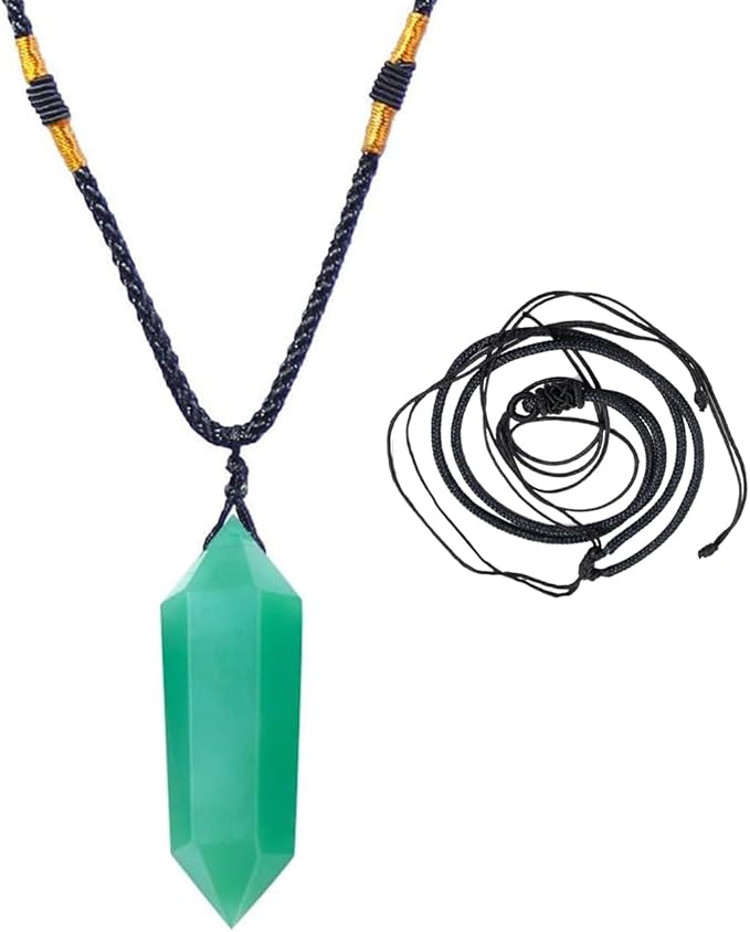 Runyangshi Green Aventurine Healing Crystal Pendants, Double Pointed Natural Crystal Quartz Necklace 6 Faceted Chakra Crystal Wand Stone