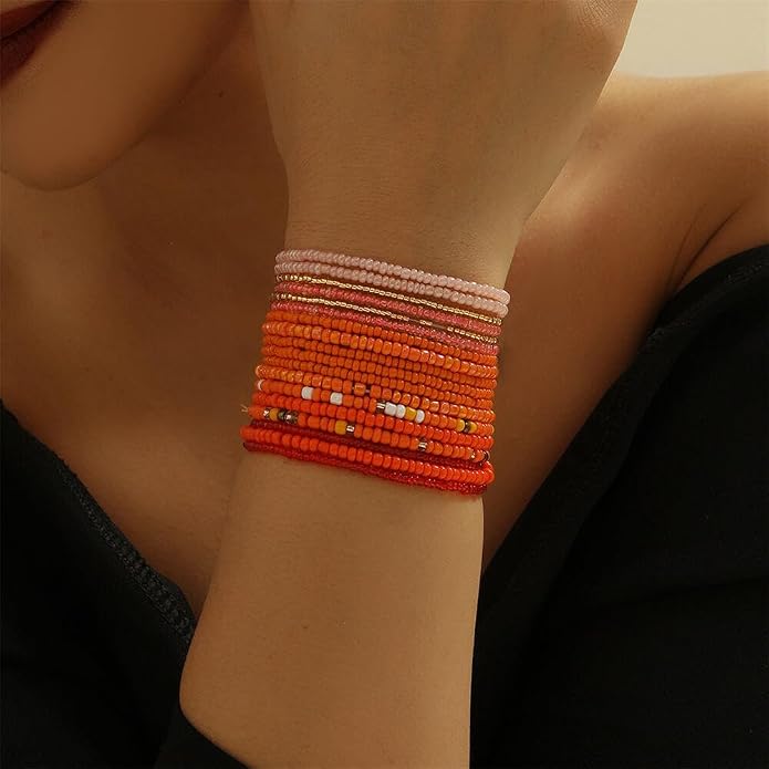 Boho Stackable Seed Beaded Bracelets for Women 18-20Pcs Colorful Handmade Multilayered Rice Bead Bracelet Set Summer Beach Bohemian Jewelry Gift