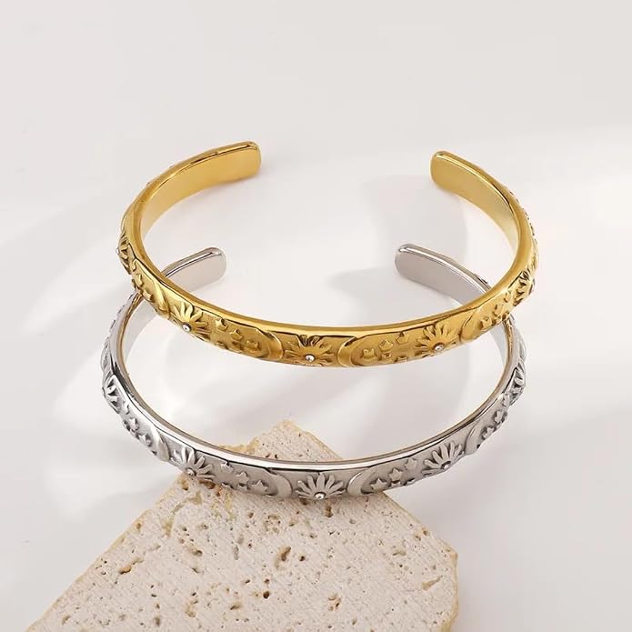 Pierced Owl 304 Stainless Steel Sun Moon and Star Lined Open Cuff Bangle Bracelet