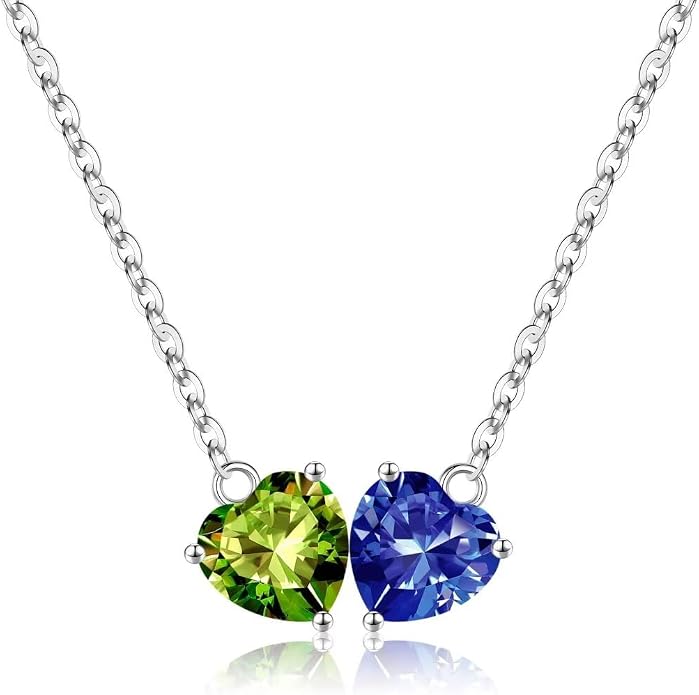 Iefil 1.25Ct Double Heart Birthstone Necklace - 925 Sterling Silver Birthstone Necklace, Birthday Gifts for Women, Jewelry Gifts for Mom Daughter Wife