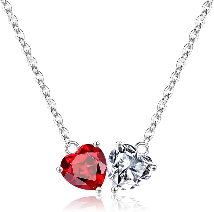 Iefil 1.25Ct Double Heart Birthstone Necklace - 925 Sterling Silver Birthstone Necklace, Birthday Gifts for Women, Jewelry Gifts for Mom Daughter Wife