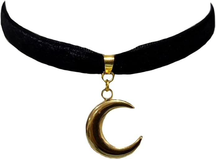 Moonlight Black Velvet Choker Necklace with Gold Tone Crescent Moon Pendant Charm Witchy Wiccan Handmade Jewelry Goth Gothic Accessory Gift for Her Alternative Rocker