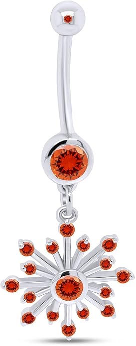 AFFY Snowflake Belly Button Ring for Women Simulated Birthstone, Round Cut Gemstone in 14K Gold Over 925 Sterling Silver, Navel Barbell Piercing Jewelry for Her