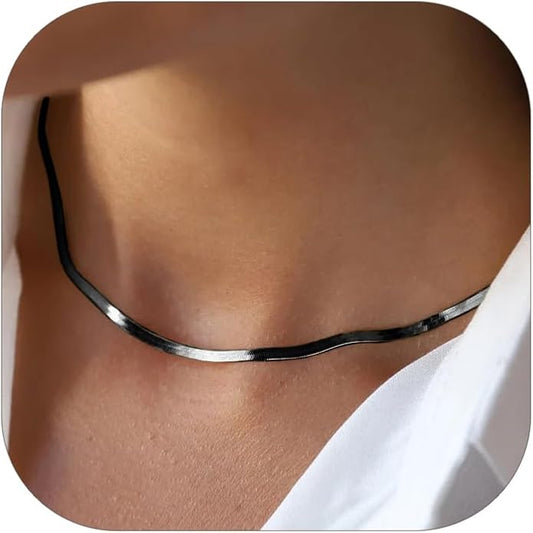 FOCALOOK 14K Gold Plated Necklaces for Women, Fashion Herringbone Choker Necklace Stainless Steel Flat Snake Chain 3/5MM(W) 12.5"/15"/18"+3.5"(L)