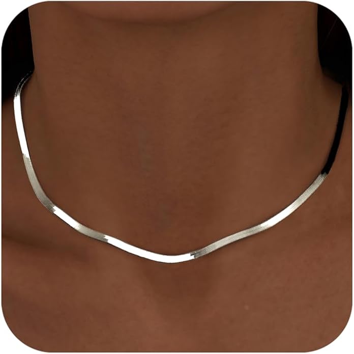 WomenGifts 14K Gold Silver Plated Herringbone Necklace for Women, Dainty Snake Chain Choker, Trendy Simple Long Layered Jewelry Non Tarnish, 3/4/5/8mm,14,16,18,20,22,24,26 Inch Thin & Chunky Options