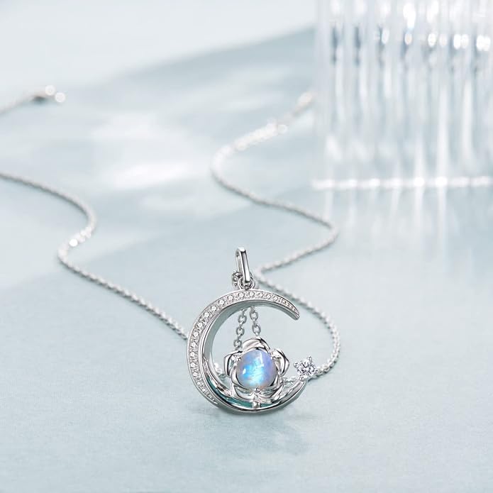 Birthstone Necklace for Women Sterling Silver Moon Pendant Necklaces Anniversary Birthday Fine Jewelry Gifts for Her Women Mother, Adjustable Chain