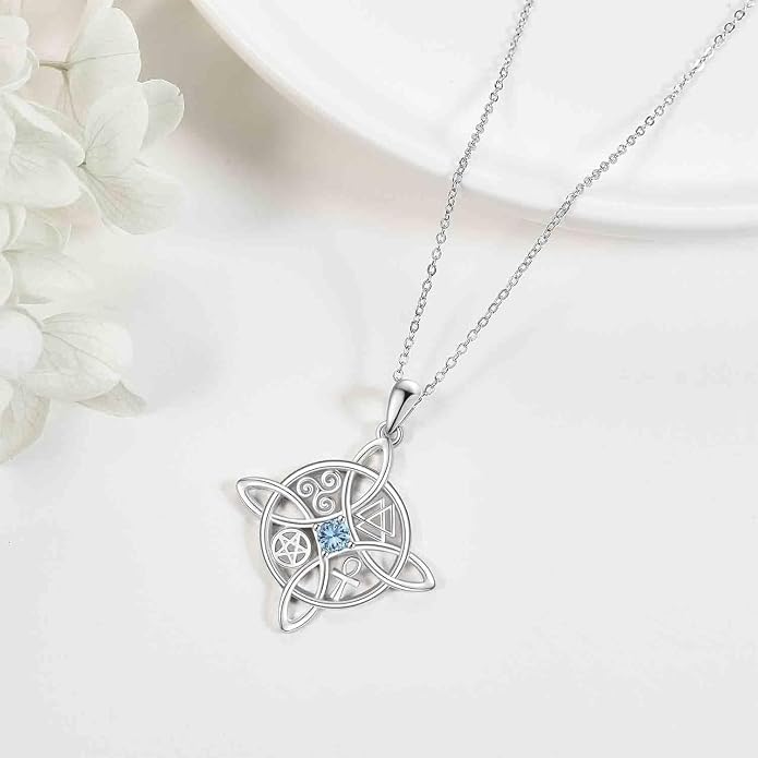 YAFEINI Sterling Silver Witches Knot Pendant Necklace - Celtic Cross Witch Jewelry Amulet Gifts for Women