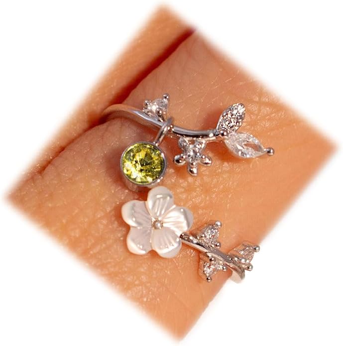 Birthstone Flower Rings For Women Non Tarnish Gemstone Cubic Zirconia Mother of Pearl Adjustable Size 7-11 Silver Rose 14K Gold Plated Birth Jewelry Gift For Birthday