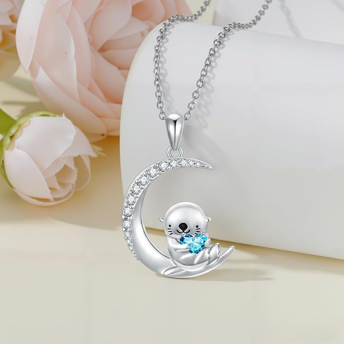 PROESS Animal Birthstone Necklace 925 Sterling Silver Otter/Axolotl/Hippo/Elephant/Dachshund/Monkey/Red Panda Pendant Necklace Animal Birthstone Jewelry Gifts for Women