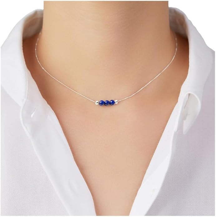 Dainty Crystal 925 Sterling Silver Choker Collar Necklace Handmade With 3 Beads Birthstone Jewelry Gifts for Women Young Lady Mother Friends Keenove