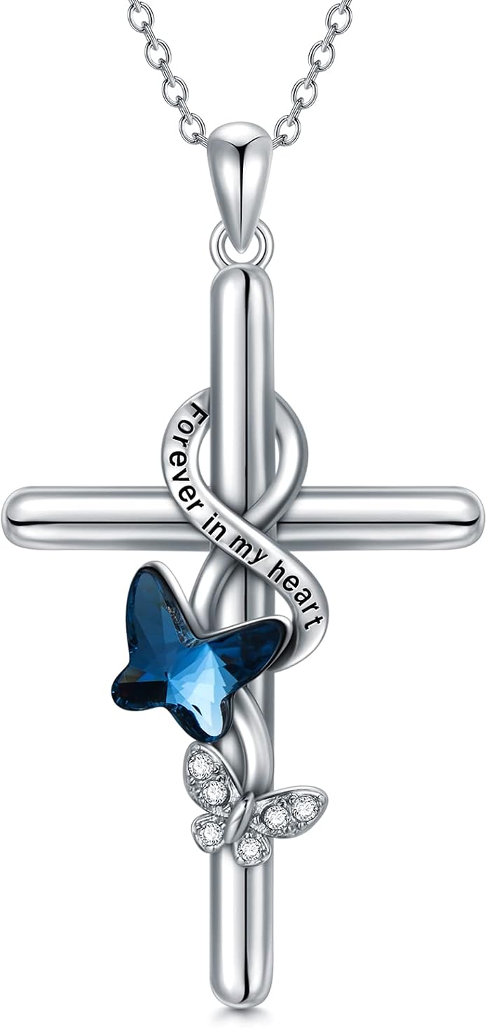 Cross Necklace for Women 925 Sterling Silver I Love You Necklace Religious Jewelry with Gift Box for Mother Daughter