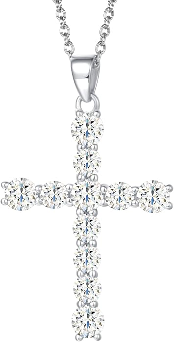 Carleen Cross Necklace For Women Yellow Gold Plated Sterling Silver Cubic Zirconia CZ Simulated Diamond Cross Crucifix Pendant Necklace Jewelry Easter Gift for Women, 18" Silver Chain Nice Gifts Jewelry Box