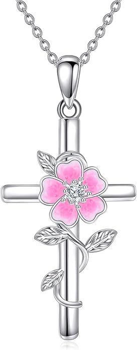 Flower Cross Necklace 925 Sterling Silver Carnation/Rose/Lily/Daisy Cross Necklace Birth Flower Jewelry for Women