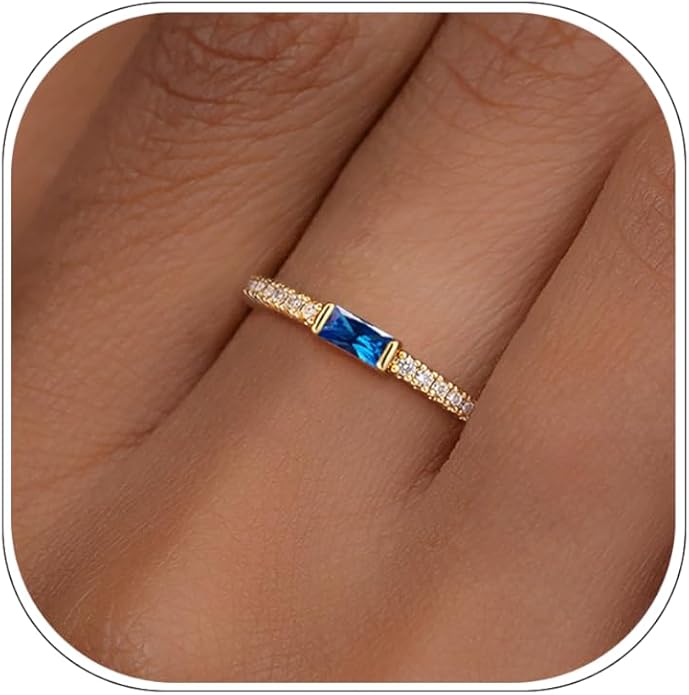 RLMOON Birthstone Gold Rings for Women Non Tarnish 14K Gold Plated Eternity Stackable Rings Dainty CZ Gemstone Engagement Rings Wedding Band Jewelry Gifts Size 4-10