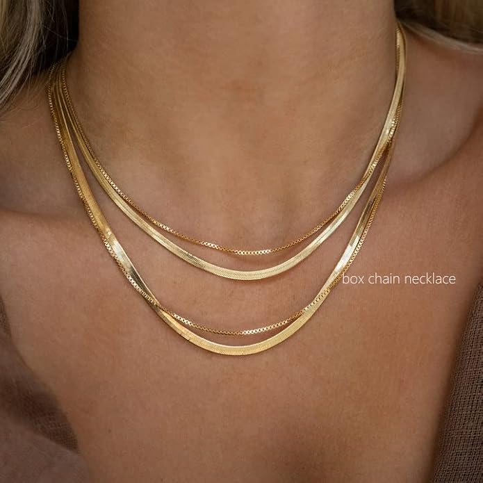 Freekiss Women's Layered Necklace Set - 3 Piece Dainty Gold Jewelry for Everyday Stacking | 14K Gold Plated Snake Chain, Rope Chain, Cuban Chain | Adjustable Length 14-18.5 Inch | Gift Ready