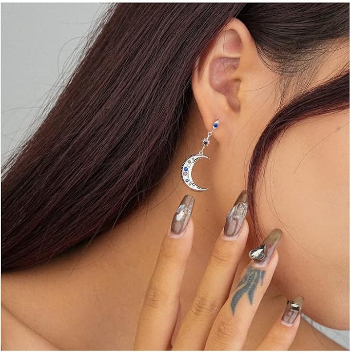 925 Sterling Silver Asymmetric Stud Earrings Colorful Zircon Star Moon Drop Earrings