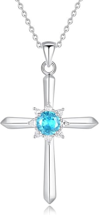 FANCIME Birthstone Cross Necklace for Women Sterling Silver Birthstone Necklace Halo Infinity Cross Pendant Necklace Fine Jewelry Valentines Day Gifts Birthday Holiday Gifts for Her, 16"+2" Inches