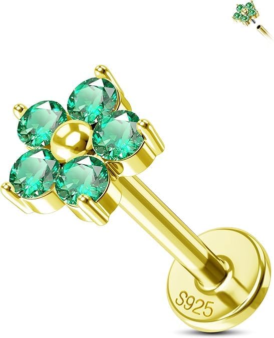 Chrysoprase Moonstone 925 Sterling Silver Hypoallergenic Flat Back Stud Earring Internally Threaded 16G 8mm Fine Piercing Jewelry for Helix Tragus Conch Cartilage Lip