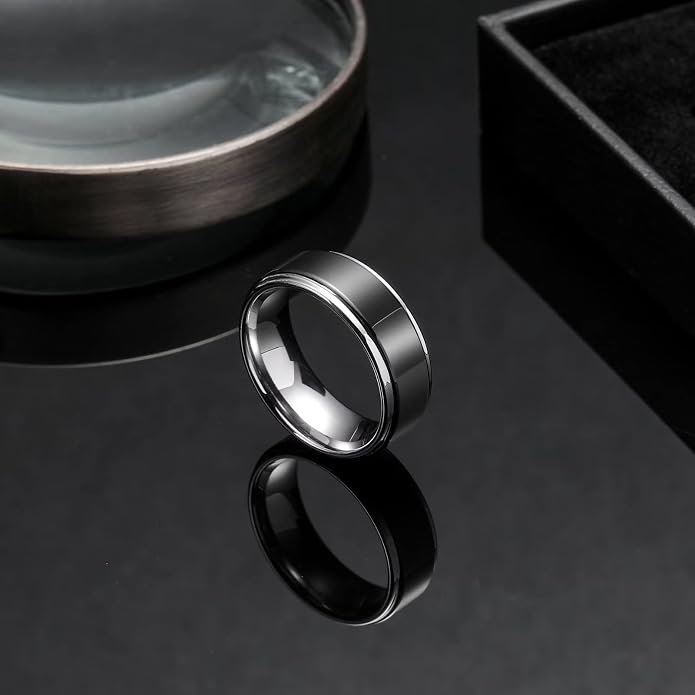 King Will 8mm Black Silver Mens Polished Tungsten Wedding Rings High Polish Surface Wedding Band Blue Silver Step Edge Comfort Fit