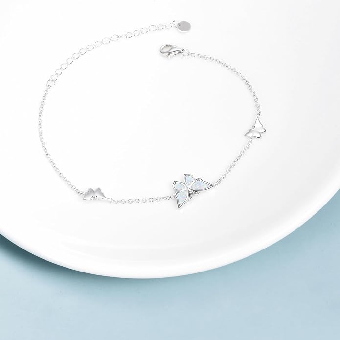 WINNICACA Sterling Silver Butterfly Bracelet Anklet Created Opal Butterfly Jewelry Gifts for Women Birthday Christmas Day Gifts