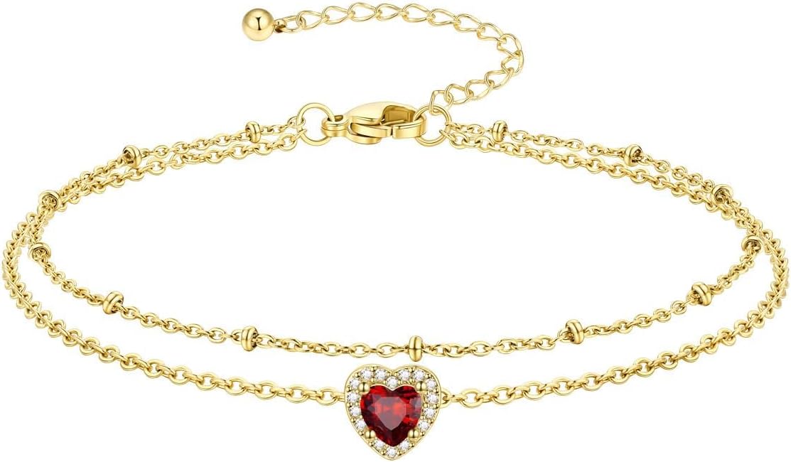 Richsteel Double Layer Heart/Butterfly Birthstone Anklet for Women Non Tarnish Waterproof, Silver/Gold/Black Stainless Steel 8.5-10.5 Inch Adjustable Chain Anklets Jewelry Gifts for Her