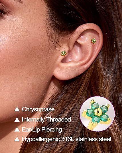 Chrysoprase Moonstone 925 Sterling Silver Hypoallergenic Flat Back Stud Earring Internally Threaded 16G 8mm Fine Piercing Jewelry for Helix Tragus Conch Cartilage Lip