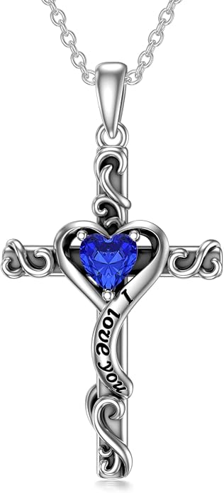 TOUPOP Cross Birthstone Necklace for Women 925 Sterling Silver Heart Cross Pendant I Love You Jewelry Anniversary Birthday Mothers Day Gifts for Mom Wife Her