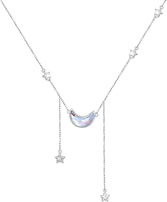 Ladytree 925 Sterling Silver Jewelry Crescent Moon and Star Pendant Necklace