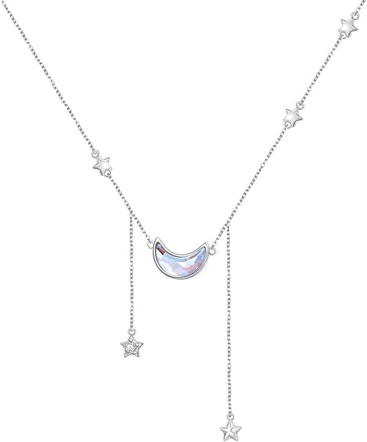 Ladytree 925 Sterling Silver Jewelry Crescent Moon and Star Pendant Necklace