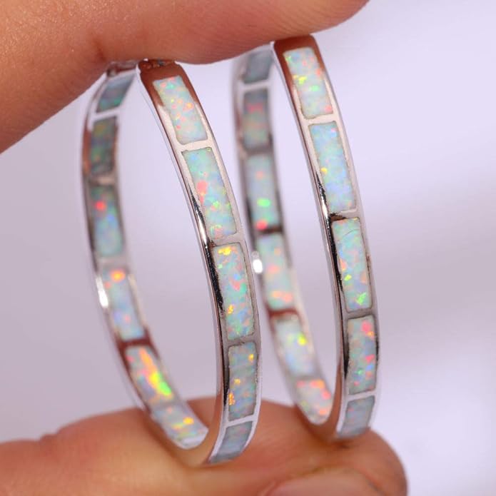 CiNily Opal Hoop Earrings,Women Jewelry Rhodium Plated/Rose Gold or Yellow Gold Plated Gemstone Big Hoop Earrings 32mm
