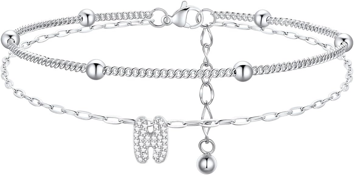 FindChic Silver/14K Gold Plated Layered CZ Initial Ankle Bracelet for Women | Waterproof Stainless Steel, Cubic Zirconia Letter Charm, Non-Tarnish, Hypoallergenic, Adjustable Extender, Summer Jewelry
