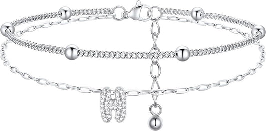 FindChic Silver/14K Gold Plated Layered CZ Initial Ankle Bracelet for Women | Waterproof Stainless Steel, Cubic Zirconia Letter Charm, Non-Tarnish, Hypoallergenic, Adjustable Extender, Summer Jewelry