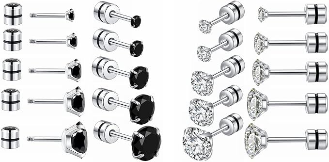 10 Pairs 20 Stainless Steel Ear Stud Piercing Barbell Screw Back Studs Earrings Cubic Zirconia Double Sided Cartilage Earring