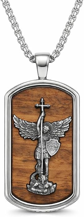 ONEFINITY Wooden Necklace Viking Wolf/St Benedict Medals/St Michael/Crucifix/St Christopher Pendant Necklace for Men Archangel Amulet Wooden Religious Jewelry Gifts for Men Women