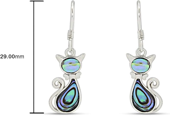 Abalone Shell Animal Dangle Earrings for Women (Kiwi Bird, Cat, Seahorse) in 14K White Gold Over 925 Sterling Silver, Iridescent Fishhook Drop Jewelry Gift