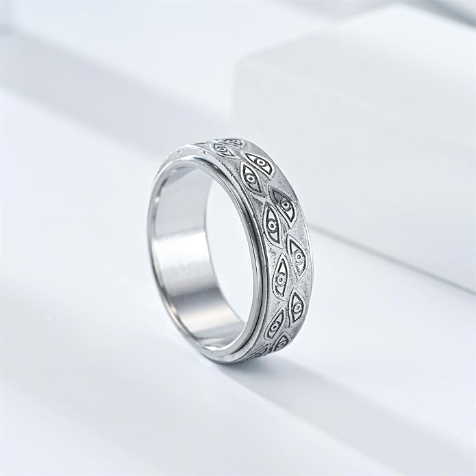 Stainless Steel Evil Eye Spinner Fidget Rings,Gothic Engraved Eye of God Rotatable Vintage Carved Biker Band Anxiety Ring For Men Women Punk Motorcycle Ring Jewelry,Size 6-12